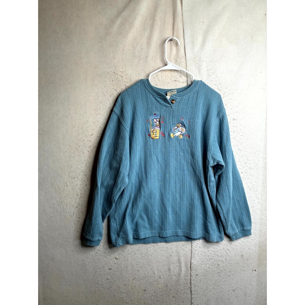Disney Store Henley Shirt Womens Large Blue Ribbed Knit Long Sleeve Pullover